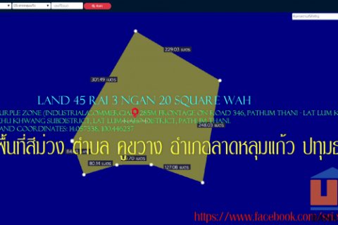 ขายที่ดิน 46 ไร่ ผังเมืองสีม่วง ติดถนน 346 ปทุมธานี–ลาดหลุมแก้ว | หน้ากว้างประมาณ 285 เมตร ต.คูขวาง อ.ลาดหลุมแก้ว จ.ปทุม
