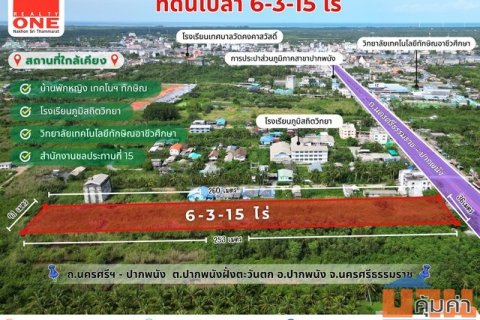 ที่ดินเปล่า เนื้อที่ 6-3-15 ไร่ หน้ากว้างติดถนน 36 เมตร ติดถนน สายหลัก นครศรีฯ-ปากพนัง