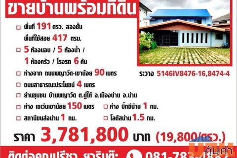 ขายบ้านเดี่ยว 2 ชั้น พร้อมที่ดิน อำเภอเมืองน่าน จังหวัดน่าน เนื้อที่ 191 ตารางวา