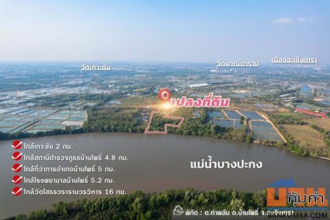 ขายที่ดินติดแม่น้ำบางปะกง 9 ไร่เศษ (ถมแล้วบางส่วน) ต.ท่าพลับ อ.บ้านโพธิ์ จ.ฉะเชิงเทรา