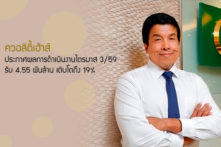 ควอลิตี้เฮ้าส์ ประกาศผลการดำเนินงานไตรมาส 3/59 รับ 4.55 พันล้าน เติบโตถึง 19%