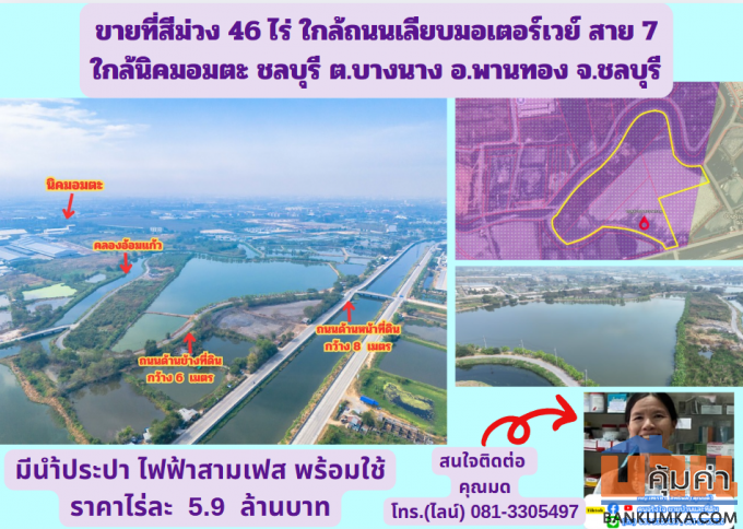 ขายที่สีม่วง 46 ไร่ ใกล้ถนนเลียบมอเตอร์เวย์ สาย 7 ใกล้นิคมอมตะ ชลบุรี  ต.บางนาง อ.พานทอง จ.ชลบุรี