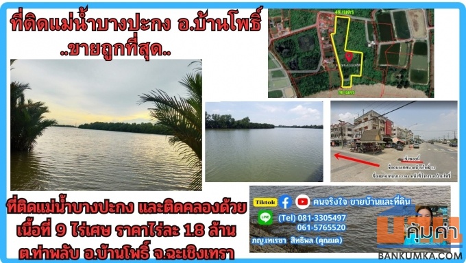 ขายที่ดินติดแม่น้ำบางปะกง 9 ไร่เศษ (ถมแล้วบางส่วน) ต.ท่าพลับ อ.บ้านโพธิ์ จ.ฉะเชิงเทรา
