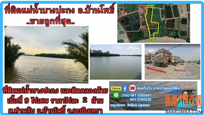ขายที่ดินติดแม่น้ำบางปะกง 9 ไร่เศษ (ถมแล้วบางส่วน) ต.ท่าพลับ อ.บ้านโพธิ์ จ.ฉะเชิงเทรา